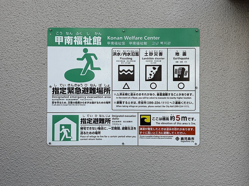 指定緊急避難場所・指定避難所の案内標識の例(災害の種類ごとに使えるかが示される。鹿児島市)